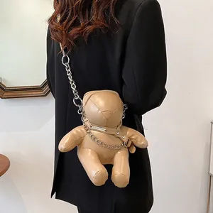 Cute bear-shaped PU leather crossbody bag with chunky silver metal chain strap