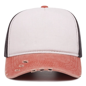 Washed distressed trucker hat with white front panel and mesh back for summer sun protection