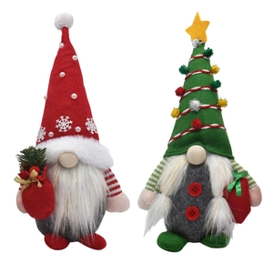 Set of 2 Christmas gnomes plush dolls with red snowflake and green tree hats decor