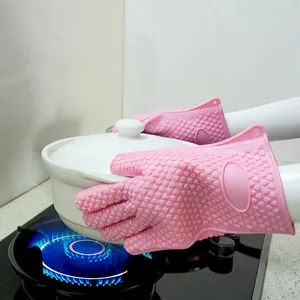 Silicone Oven Mitts Heat Resistant Five Finger Non-Slip Heart Texture Kitchen Baking Waterproof Grilling Gloves