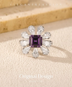 Detailed view of S925 silver ring featuring a large purple gemstone and pear-cut accents