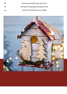 Detail of wooden Christmas house ornament with dried flowers and warm bokeh lights