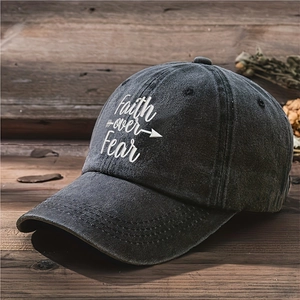 Detail of Faith Over Fear embroidery on charcoal vintage washed cotton baseball cap