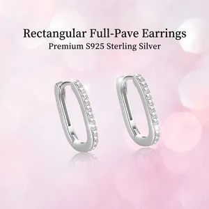 Elegant S925 sterling silver rectangular earrings with micro pave CZ stones and reflection