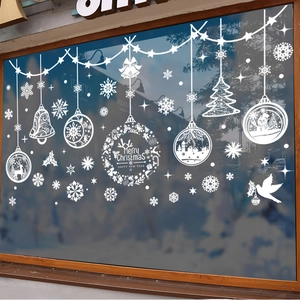 White Christmas snowflake window stickers set with Merry Christmas bells and tree decals