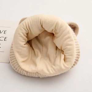 Beige striped knit baby hat with warm plush lining and cute 3D ears detail
