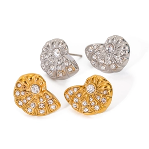 Nautilus shell earrings in 18K gold and silver steel with sparkling white rhinestones