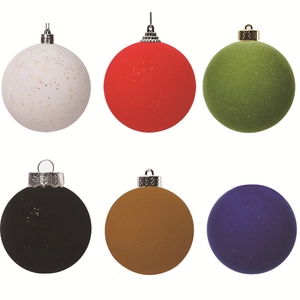 Detail of multi-colored flocked Christmas balls with sparkling glitter texture and hooks