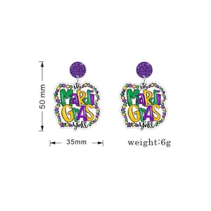 Mardi Gras beaded drop earrings with festive text, 50mm height and 6g weight details