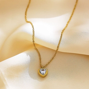18k gold plated stainless steel heart necklace with clear zircon on champagne silk