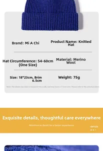 Detailed product specifications and close-up texture of a blue knitted cuff beanie hat