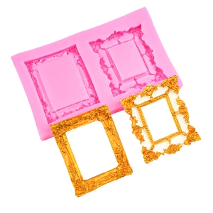 Pink silicone mold featuring dual vintage Baroque frames for fondant and clay crafts