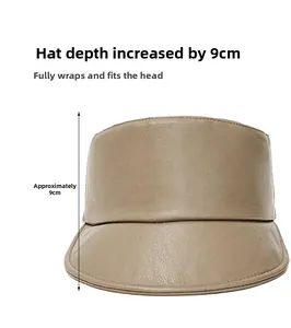 Detailansicht des khakifarbenen PU-Lederhutes mit 9 cm tiefer Krone und feinen Nähten