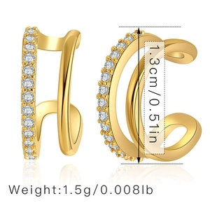 Detail view of 18K gold plated minimalist ear cuff with height and weight measurements