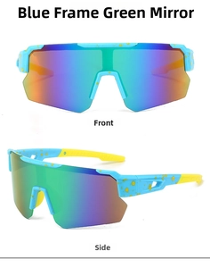 Close-up of blue cycling glasses with yellow splatter frame and green Revo lenses