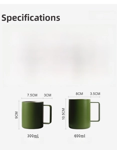 Size guide for 300ml and 400ml stainless steel mugs with precise dimensions and weights