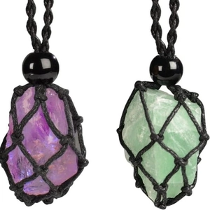 Natural handwoven raw amethyst and green fluorite crystal stone necklaces with net pouch