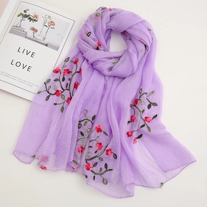 Purple chiffon scarf with red floral embroidery and green leaves for sun protection