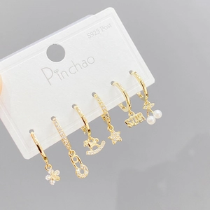 Set of 6 gold studs including star and flower shapes with micro-set zircon and S925 posts