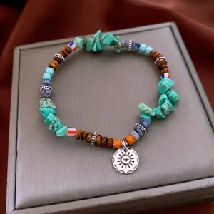 Bracelet Perles Bohème Turquoise Œil De Tigre Perles Bois Et Pendentif Soleil Alliage Style Rétro Ethnique Pour Femmes Bijoux