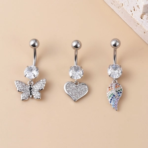 Belly Button Ring Stainless Steel Heart Butterfly Wing Zirconia Dangle Navel Piercing Jewelry For Women