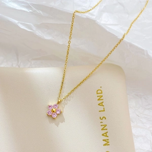 Elegant gold stainless steel necklace with pink crystal flower pendant for women