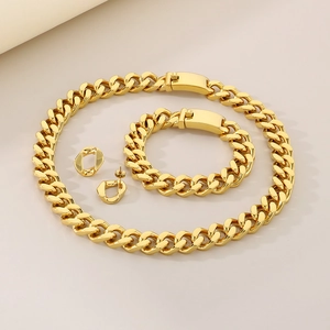 Polished 18K gold-plated 13mm Cuban link jewelry set with necklace, bracelet and earrings