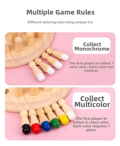 Detail of wooden memory chess game rules and colorful game pieces on pink background