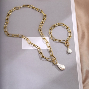 Artificial Baroque Pearl Necklace And Bracelet Copper Gold Plated Paperclip Link Chain Toggle Clasp Minimalist Jewelry For Women