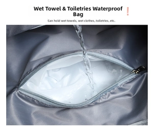 Close-up of waterproof travel gym bag zipper pocket with dry wet separation feature.