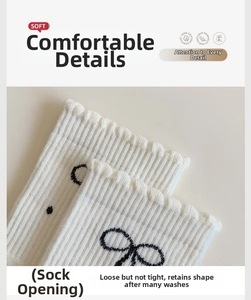Detailed macro view of white ribbed cotton socks featuring cute minimalist black dot patterns