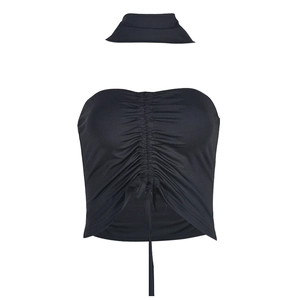Detail of black strapless crop top with drawstring ruching and matching neck strap