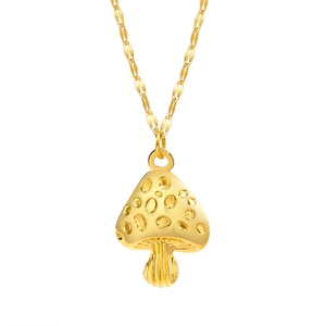 Golden stainless steel mushroom pendant necklace with realistic textured cap and fine chain