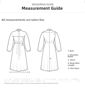 Guide des tailles avec mesures de poitrine, taille et longueur pour robe longue imprimée