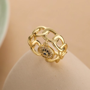 18K gold plated evil eye ring with blue zircon pendant on minimalist chain band