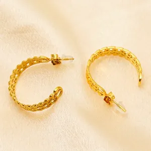 French vintage 18K gold-plated titanium steel C-shape hollow lattice earrings for women