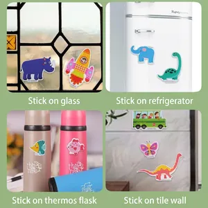 Educational cartoon sticker book for kids, shown on glass, fridge, cup and wall surfaces
