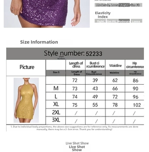 Guide des tailles S-XL pour la robe moulante à paillettes et décolleté licou