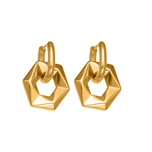 Minimalist gold geometric hexagonal drop earrings with circular hoop fasteners