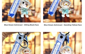 Detail shots of astronaut quicksand bottle keychain with blue liquid and glitters