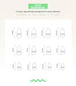 Size reference chart for neon green press-on nails showing 12 different fit sizes in mm