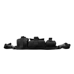 Detail view of adjustable black tactical belt with three functional storage pouches