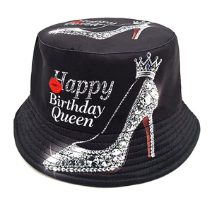 Black cotton bucket hat with Happy Birthday Queen crown and high heel graphic print