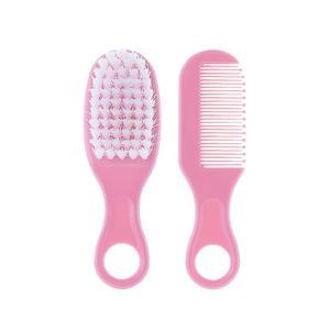 Pink baby hair brush and comb set with soft bristles for newborn scalp massage and cleaning