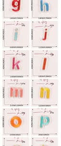 Detailed size chart showing width and height for colorful embroidered alphabet patches