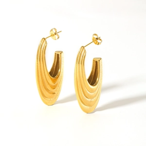 Retro U-shaped 18K gold plated stainless steel earrings with textured ripple design