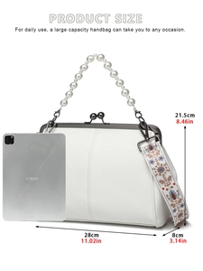 White vintage clasp handbag with pearl handle and size reference to a tablet
