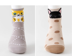 Detailed knit texture of cartoon cat and french bulldog mid-calf cotton socks