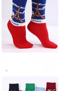 Close-up of cotton crew socks featuring Paris Eiffel Tower jacquard in multiple colors