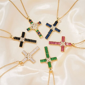 Elegant Copper Zirconia Cross Pendant Necklace For Women Gold Plated Colorful Crystal Cross Jewelry Fashion Gift Accessory